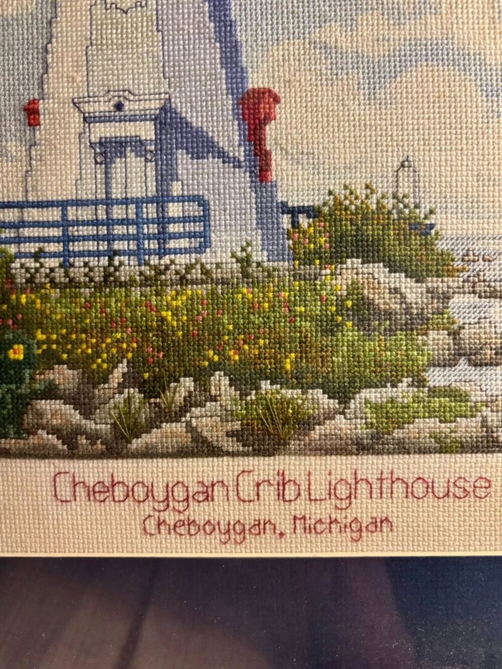 Framed Cross-Stitch Cheboygan Crib Lighthouse Artwork - Nautical Wall Decor - Picture 3 of 6